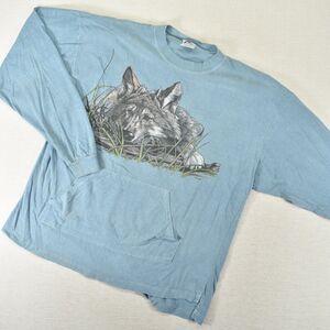 Vintage Wolf Long Sleeve T-Shirt Kangaroo Pouch X Large Light Blue Washed USA